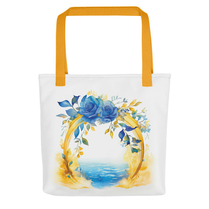 Serene Passage - Gold and Blue Watercolor Floral Tote Bag