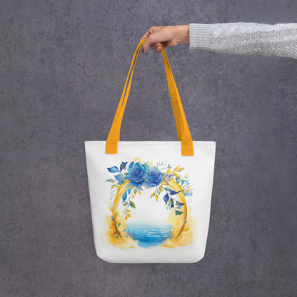 Serene Passage - Gold and Blue Watercolor Floral Tote Bag