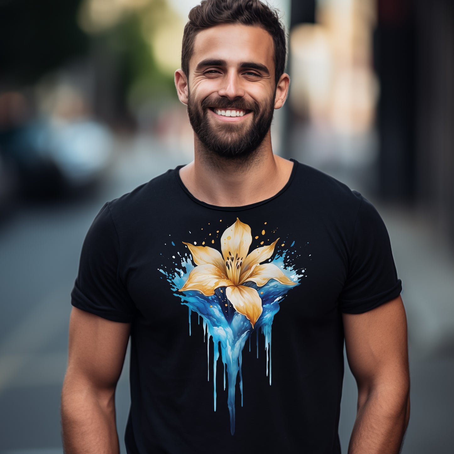 Sunshower Surge - Gold and Blue Watercolor floral T-Shirt