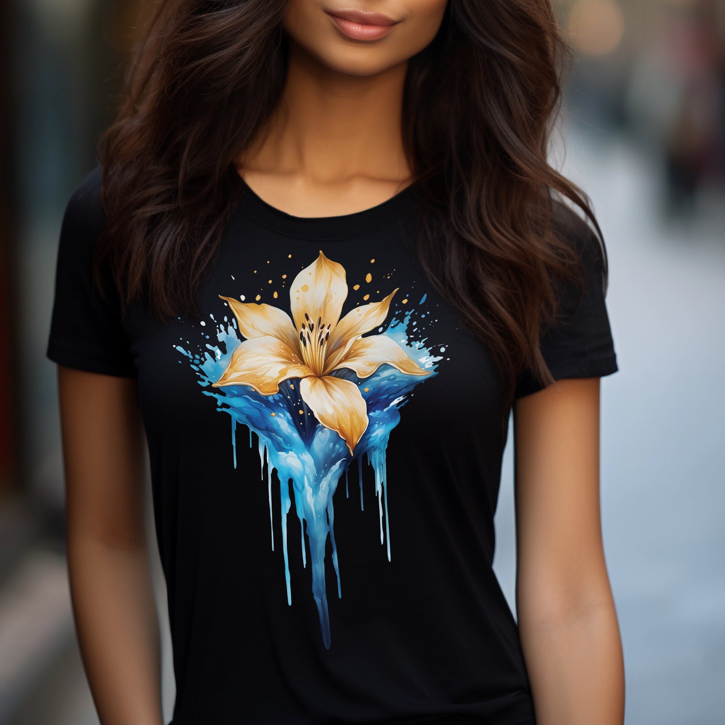 Sunshower Surge - Gold and Blue Watercolor floral T-Shirt