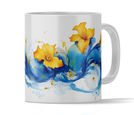 Sunlit Floral Swirl - Gold and Blue Watercolor Floral Mug