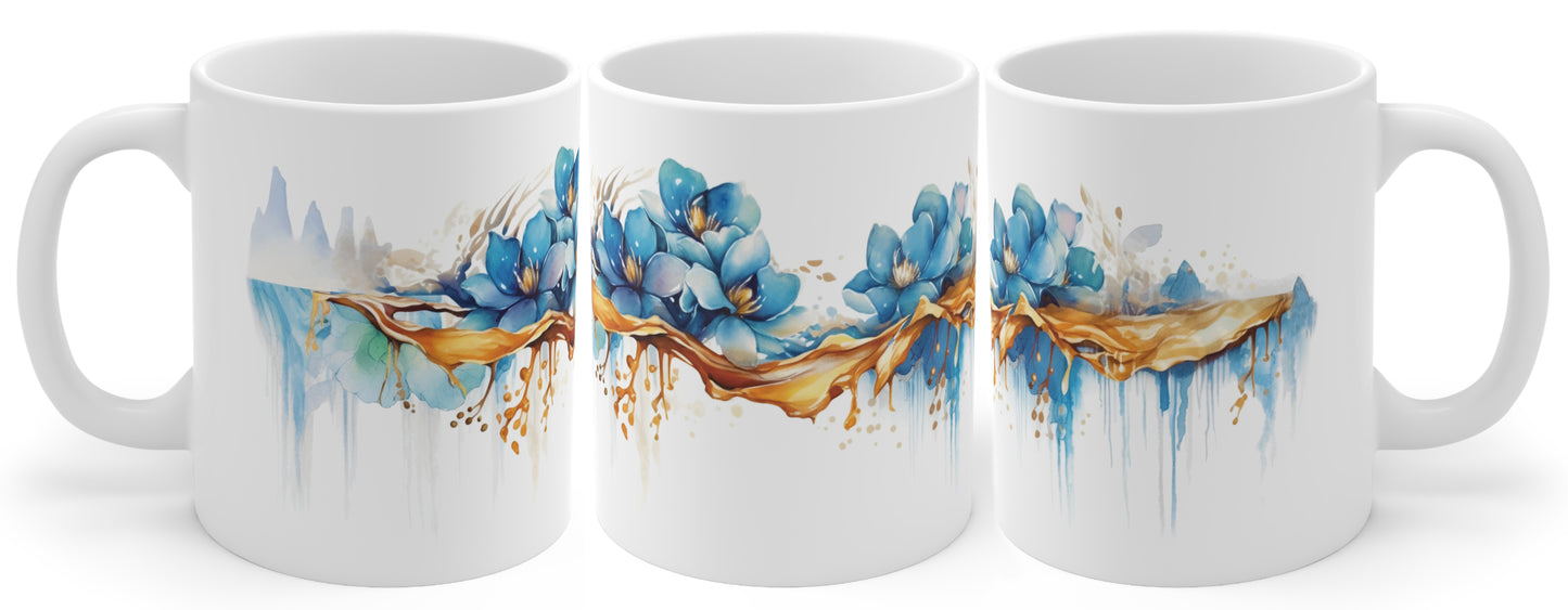 Golden Elixir - Gold and Blue Watercolor Floral Mug